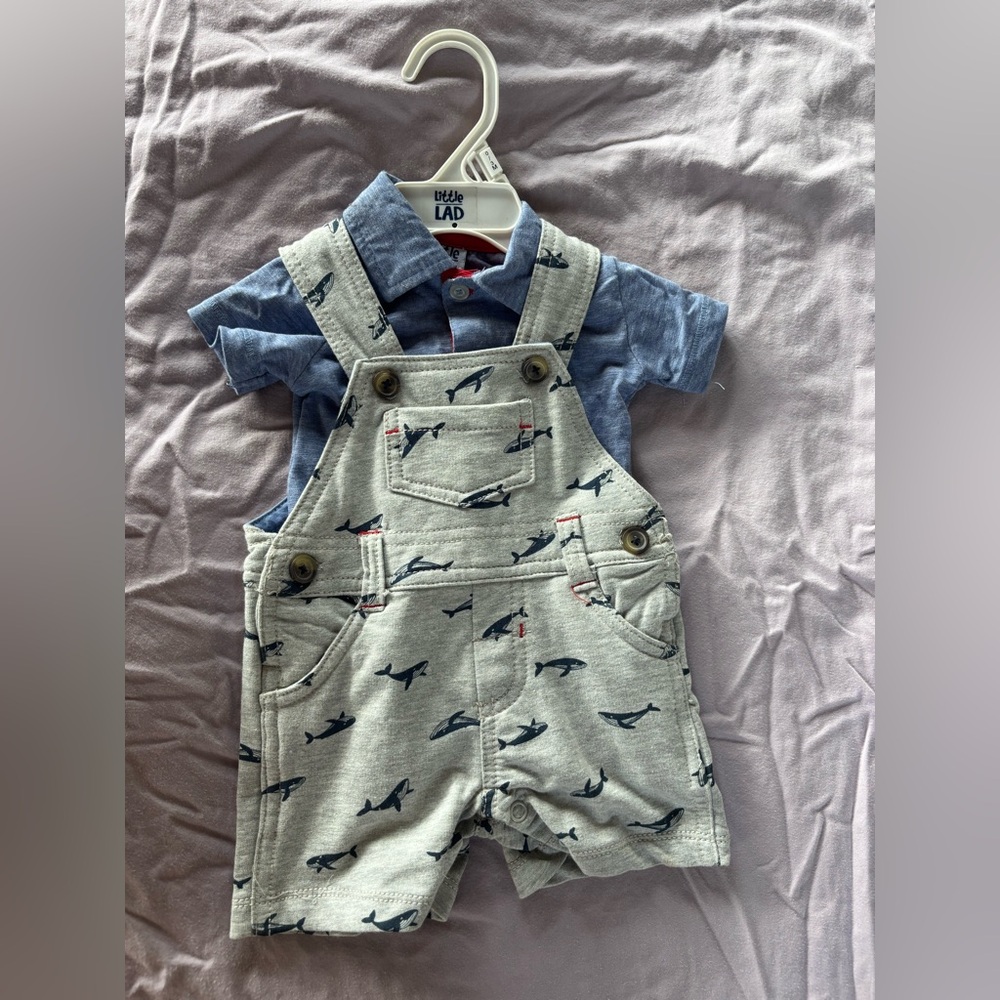 Little Lad Blue Shirt and Shark Print Overalls